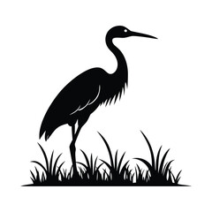 Black and White Heron Bird Silhouette with Grass – Vector Illustration