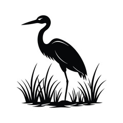 Black and White Heron Bird Silhouette with Grass – Vector Illustration
