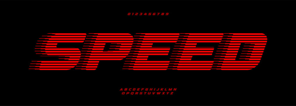 Speed typeface, streamlined letters, energetic racing font for modern dynamic logos and headlines, turbo movement graphics, contemporary automotive design. Vector typeset.