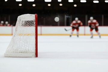 Hockey net in focus with blurred players preparing for action in