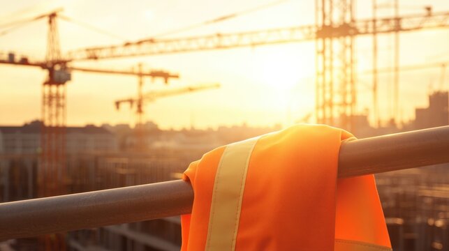 Bright safety vest hangs on railing as sunset casts warm glow ov