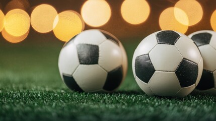 Obraz premium Soccer Balls on Green Grass with Blurry Lights in Background