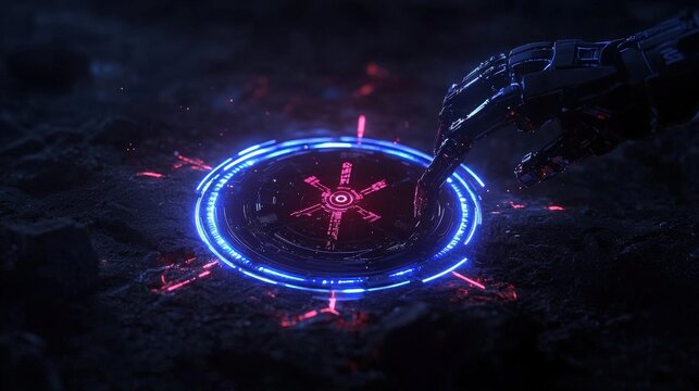 A robotic hand touching a glowing digital circular interface panel