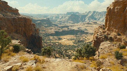 Naklejka premium Scenic View of Antelope Canyon with Dramatic Rock Formations and Lush Greenery in Background