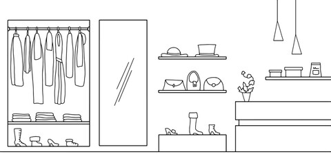 Dress store interior graphic black white sketch illustration vector