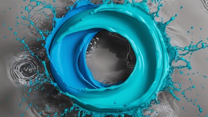 Close up view of mixing of blue and turquoise paints splashes in water isolated on gray