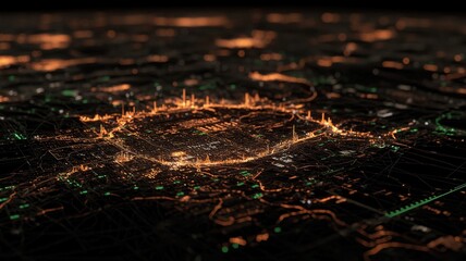 A stunning aerial view of a city at night, illuminated by vibrant orange lights, showcasing urban structures and road networks in an intricate layout.