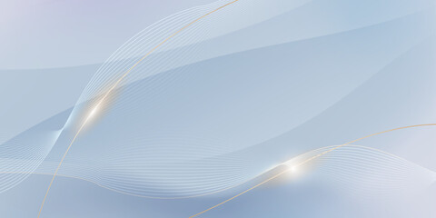Abstract soft white, gold wave line pattern and texture on light gray gradient background. Vector element smooth line design. Digital technology concept for luxury business template, banner background