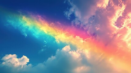 Obraz premium National Rainbow day with sky and spectrum idea. Vibrant rainbow arching through a bright, cloudy sky.