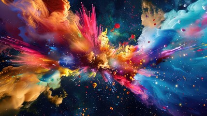 Abstract explosion with bright particles and dynamic motion. Digital art for design with vibrant color pigment explosion scene with black background. Vibrant colors and energetic elements. AIG53.