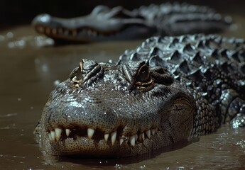 Obraz premium Close-Up Portrait of a Crocodile in Shallow Water with Another Crocodile in the Background, Highlighting Textures and Features of its Skin