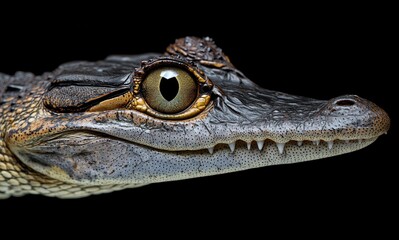 Fototapeta premium Close-up Portrait of a Crocodile Showcasing Distinct Features and Texture on a Black Background