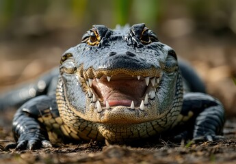 Obraz premium Close-Up Portrait of a Crocodile with Sharp Teeth and a Grinning Expression on a Natural Setting Background, Showcasing Its Unique Texture and Features
