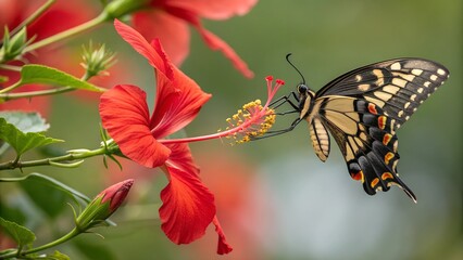 Butterfly and Hibiscus Bloom: A stunning swallowtail butterfly delicately perches on the vibrant red petals of a hibiscus flower, a mesmerizing dance between nature's artistry.