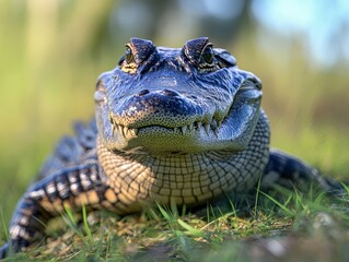 Fototapeta premium Close-Up Portrait of a Grinning Alligator in Natural Habitat Surrounded by Lush Green Grass and Soft Lighting Capturing Its Impressive Features