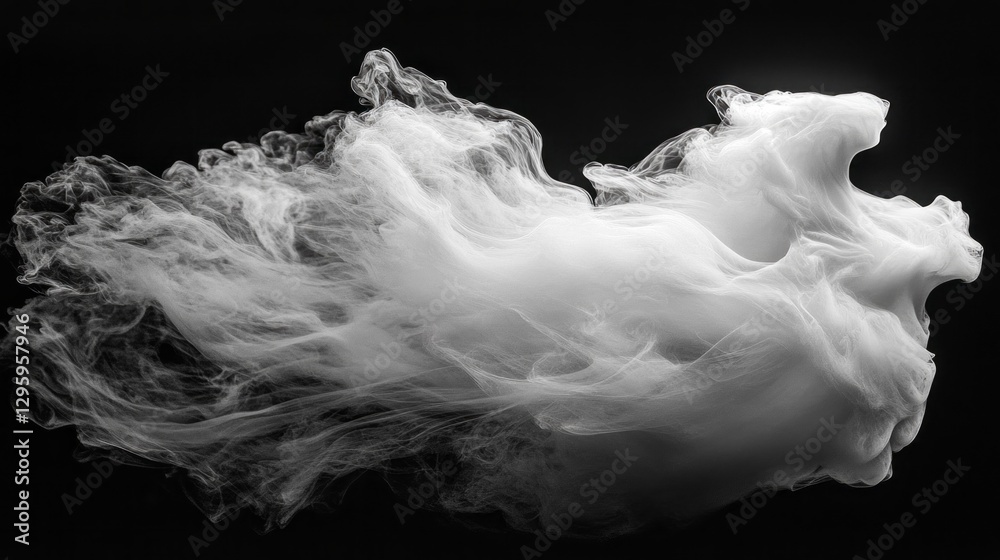 Poster Soft tendrils of white smoke swirl and curl in mesmerizing patterns against a deep black background, evoking a sense of mystery and tranquility. The delicate shapes seem to flow and merge seamlessly
