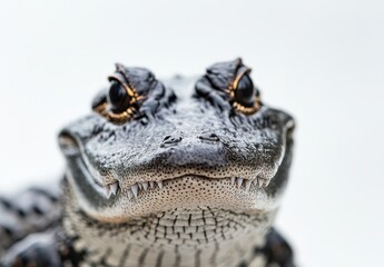 Fototapeta premium Close-Up Portrait of a Majestic Alligator with Detailed Textures and Sharp Teeth Against a Soft Background in a Natural Habitat Setting
