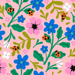 Seamless pattern with ladybugs and flowers. Vector graphics. © Екатерина Зирина