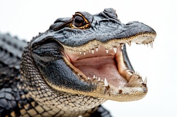 Fototapeta premium Close-up Portrait of a Powerful Reptile with a Wide Open Mouth Displaying Sharp Teeth Against a Light Background