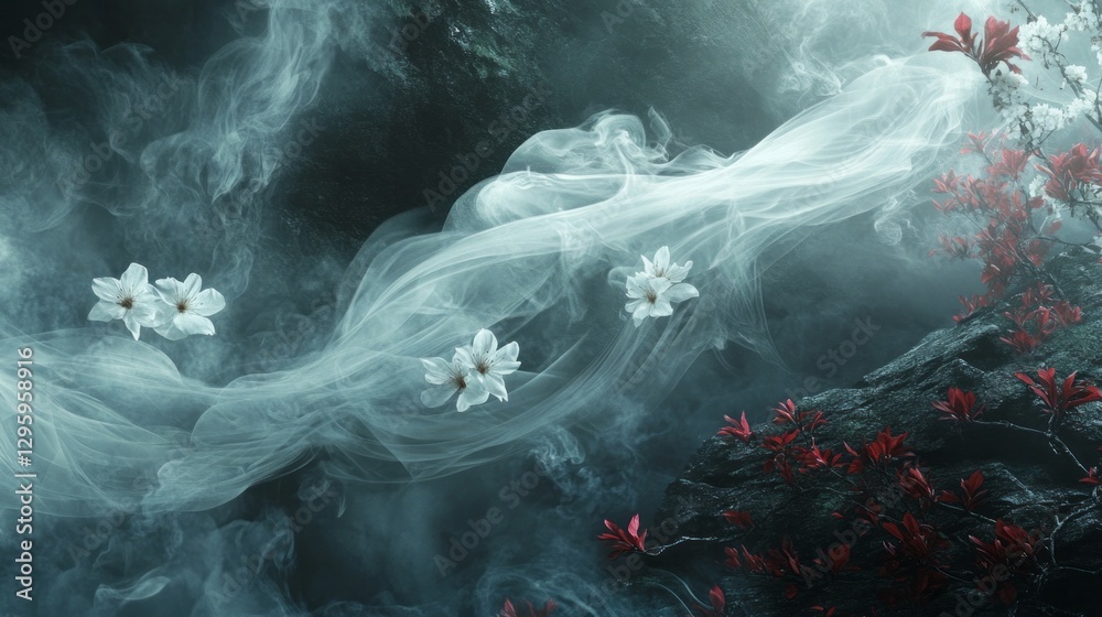 Poster white flowers float gracefully amidst swirling mist in a mystical setting, accented by deep red foli