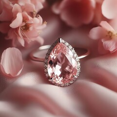 Soft pink morganite gemstones in a pear cut framed by small diam