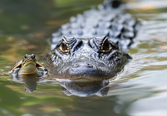 Obraz premium Close-up Portrait of Alligator and Turtle in Calm Water Surrounded by Lush Greenery Under Soft Natural Light