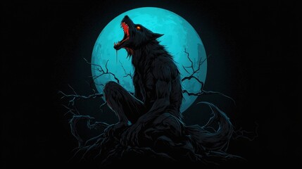 A Werewolf Howls Beneath A Large Bright Blue Celestial Moon