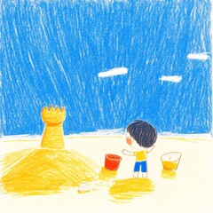 Child building a sandcastle on a beach under a blue sky with light rain. Pastel drawing style