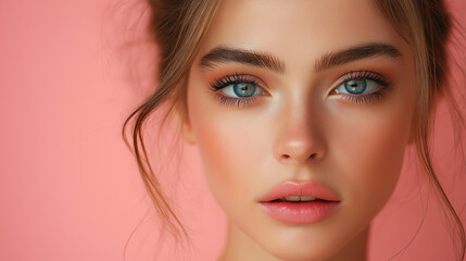 Fototapeta premium A striking portrait reveals a young woman's enchanting blue eyes and flawless skin, effortlessly conveying elegance and charm. The delicate pink backdrop enhances her radiant features