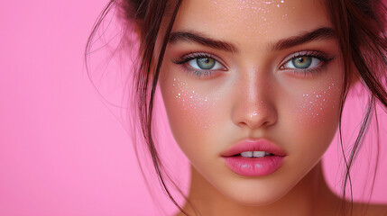 Fototapeta premium A young woman with mesmerizing blue eyes and a soft smile showcases her radiant skin adorned with gentle sparkles. The playful pink background enhances her youthful allure and exuberance