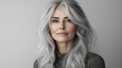 Fototapeta premium A mature woman with flowing silver hair radiates confidence and elegance. Her gentle expression and the soft lighting accentuate her natural beauty against a minimalistic background