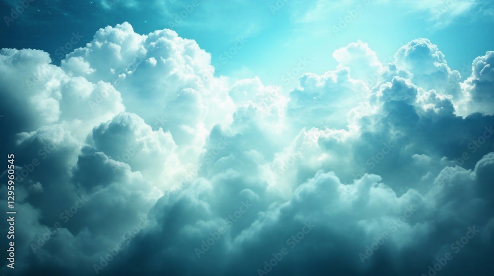 Poster fluffy clouds blanket the sky, illuminated by soft daylight. a tranquil atmosphere envelops the scen