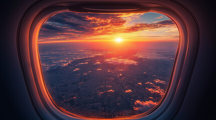 Fototapeta premium Vibrant colors fill the sky as the sun sets over a sprawling cityscape, viewed from an airplane window during a tranquil evening flight, evoking a sense of adventure and wonder