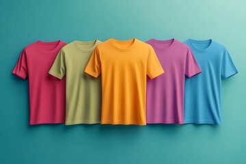 Five colorful t-shirts on teal background.