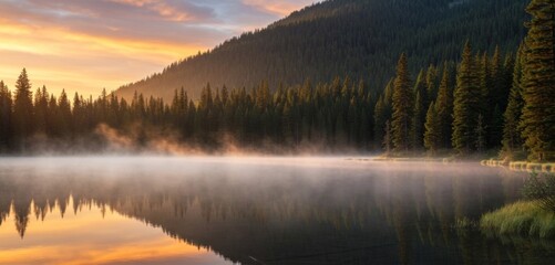 Fototapeta premium A serene mountain lake at sunrise, surrounded by pine trees, with mist rising off the water, vibrant orange and pink hues reflecting on the surface