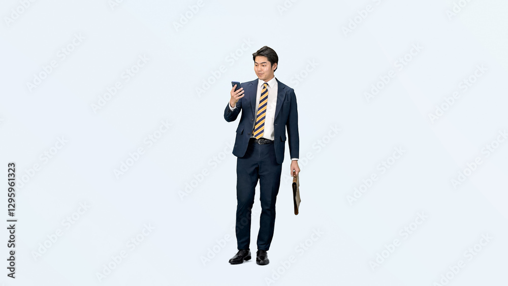 Leinwandbilder スマホ、スマートフォン、ビジネスマン、男性、全身、歩きスマホ、ビジネス、歩く、ビジネスパーソン、サラリーマン、日本人、会社員、スーツ、仕事、働く、営業、セールスマン、人材、切り抜き、コピースペース、転職、元気、忙しい、連絡、操作、アプリ、DX、ツール、デジタルトランスフォーメーション、音楽、ミュージック、ながらスマホ、SNS、メール、電話、バッグ、カバン、白バック、動画、広告、通勤、ERP、AI、