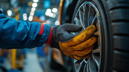 In a vibrant auto repair shop, a mechanic in a blue jacket and gloves focuses intently on securing a wheel nut. The ambient light highlights the array of tools nearby, showcasing the busy atmosphere