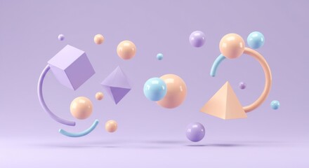 A surreal abstract composition of floating geometric shapes in pastel colors, soft gradients, dreamy and ethereal