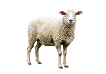 Isolated Standing White Sheep with Thick Wool Fleece, Farm Animal