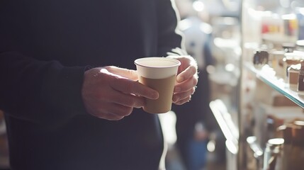 Shaky hands gripping a paper coffee cup reveal signs of caffeine dependence in a busy workplace setting filled with distractions