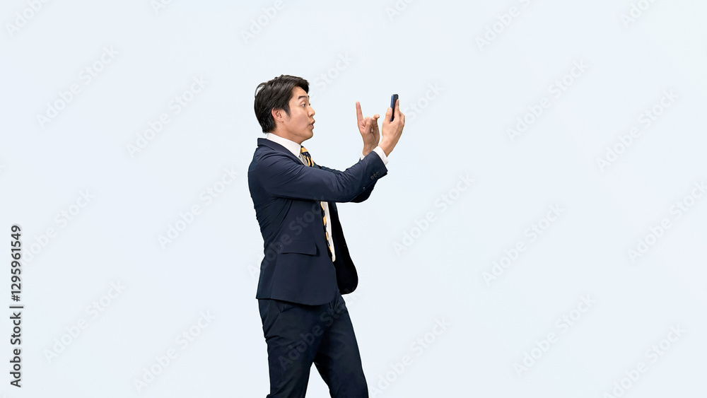 Fototapete スマホ、ビジネスマン、通話、ビジネス、男性、歩く、スマートフォン、ダンス、ビジネスパーソン、サラリーマン、日本人、会社員、スーツ、踊る、ダンサー、ステップ、仕事、働く、営業、セールスマン、人材、パントマイム、振り付け、リズム、切り抜き、コピースペース、転職、元気、アクティブ、アクション、忙しい、連絡、操作、アプリ、DX、ツール、デジタルトランスフォーメーション、トーク、音楽、ミュージック、企業、ス