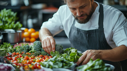 In a vibrant kitchen setting, a dedicated chef meticulously sorts and arranges an array of fresh vegetables. The colors pop as he showcases his passion for culinary excellence during a busy service
