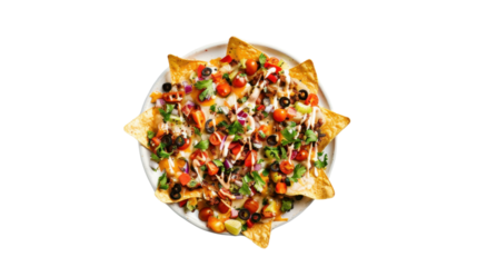 Delicious nachos with toppings on transparent background: overhead shot of loaded dish