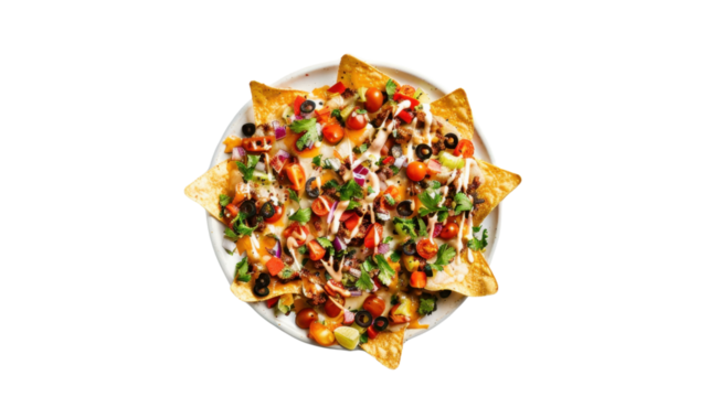 Delicious nachos with toppings on transparent background: overhead shot of loaded dish