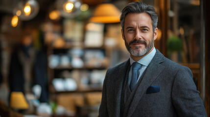 Obraz premium A well-groomed man in a tailored suit stands with a warm smile in a stylish cafe filled with natural light. The cozy atmosphere highlights the modern decor, creating an inviting vibe
