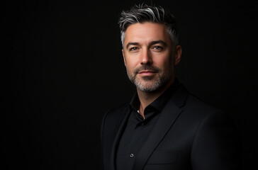 Obraz premium Photograph of a confident, handsome man in a black suit