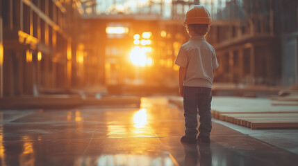 A young child stands alone in a construction area during sunset. Wearing a hard hat, he gazes at the warm light streaming through the beams, embodying curiosity and wonder