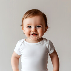 Naklejka premium A happy baby wearing a white short-sleeved bodysuit, standing and smiling at the camera, against a plain background
