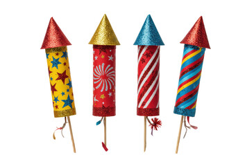 Isolated Set of Brightly Colored Toy Rocket Fireworks, Holiday Fun