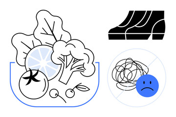 Mixed vegetables and fruits in a bowl, a stair step exercise icon, and a crossed-out sad face with a scribble. Ideal for health, fitness, wellness, nutrition, mental health, stress relief positive